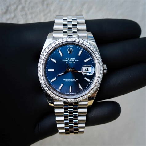 rolex datejust 41 blue dial diamond|Rolex Datejust diamond bezel aftermarket.